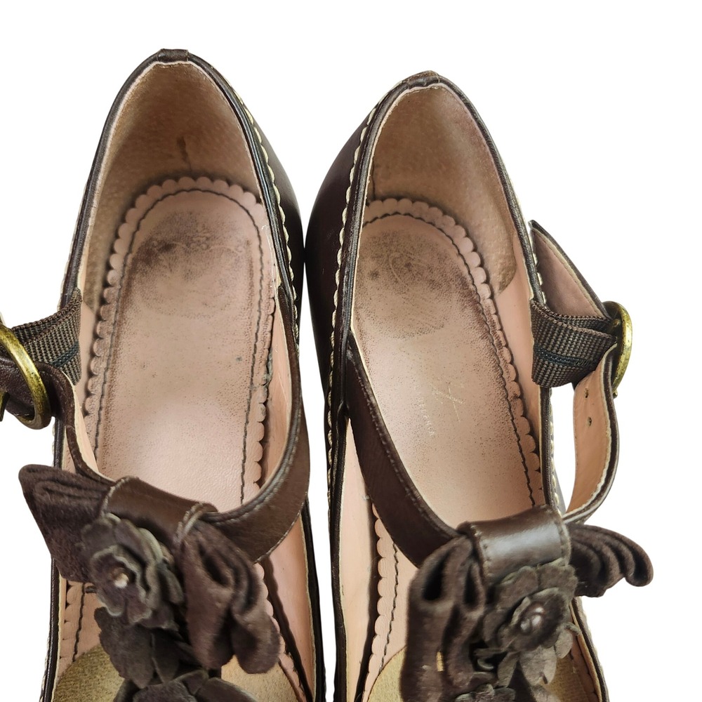 Anthropologie Brown Leather Floral T-Strap Mary Jane Heels Brazil Sz 38 Coquette - Picture 4 of 12